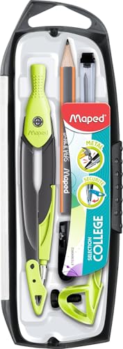 Maped - 5-teiliges Set – 1 Zirkel aus Metall Open Mine + 1 Universalring + 1 Bleistift + 1 Spitzer + 1 Minenetui – Zubehör austauschbar – für College – Grün von Maped