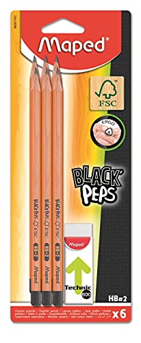 Maped - ergonomische Drei-Kant-Bleistifte BLACK'PEPS HB x6 aus FSC-zertifiziertem Holz + Radierer TECHNIC 600, andere, 1 stück (1 erPack) von Maped