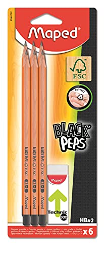 Maped - ergonomische Drei-Kant-Bleistifte BLACK'PEPS HB x6 aus FSC-zertifiziertem Holz + Radierer TECHNIC 600, andere, 1 stück (1 erPack) von Maped