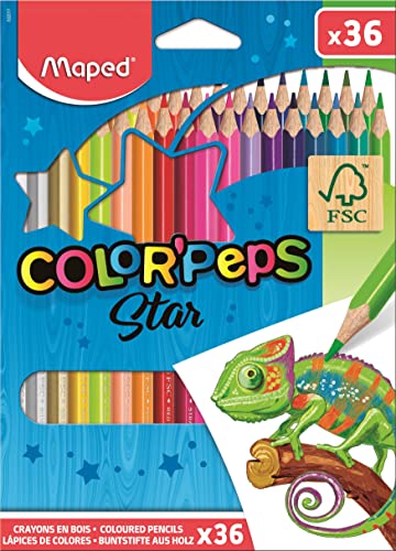 Maped - ergonomische Drei-Kant-Buntstifte, Farbstifte COLOR'PEPS STAR aus FSC-zertifiziertem Holz - 36x Stifte von Maped