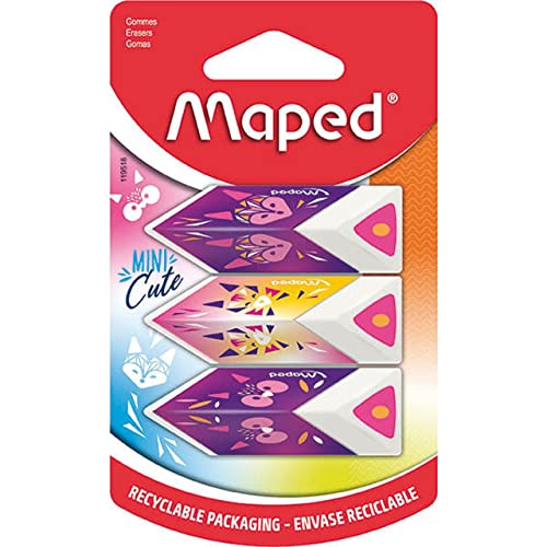 Maped - ergonomischer, effizienter, dreieckiger Radierer PYRAMIDE MINI CUTE - 3 Stück - zufällige Farbauswahl, 119518, Mehrfarbig von Maped