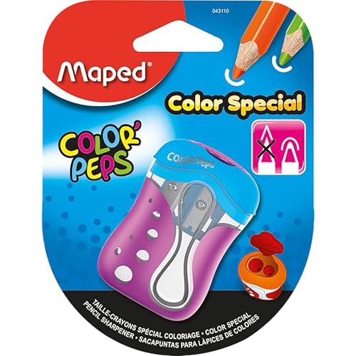 Maped - ergonomischer Anspitzer COLOR'PEPS für 2 Stiftgrößen inkl. Auffangdose - speziell für Buntstifte - für dünne Stifte Ø < 8 mm/für dicke Stifte Ø < 11 mm von Maped