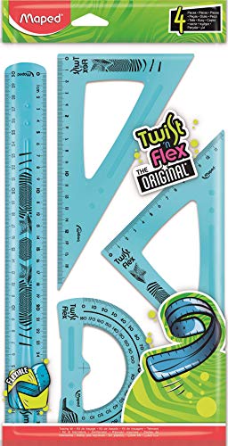 Maped - flexibles Zeichen-Set TWIST´n FLEX, 4-teilig: 1x Lineal 30 cm, 1x Zeichen-Dreieck 60°, 1x Zeichen-Dreieck 45°, 1x Winkelmesser - blau, grün, rosa von Maped