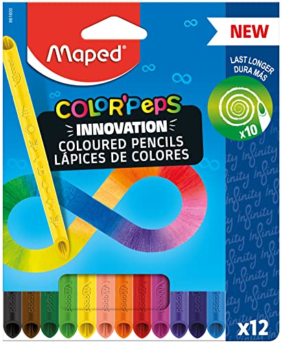 Maped - innovative Buntstifte COLOR'PEPS INFINITY - 100% farbige Mine - kein Anspitzen notwendig - zu 100% aufbrauchbar - weich & sehr angenehm auf dem Papier - 12 Stück von Maped