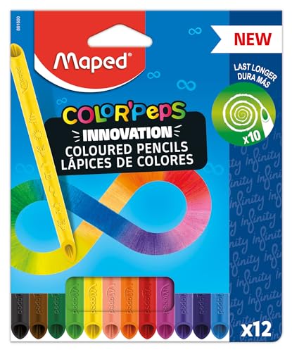 Maped - innovative Buntstifte COLOR'PEPS INFINITY - 100% farbige Mine - kein Anspitzen notwendig - zu 100% aufbrauchbar - weich & sehr angenehm auf dem Papier - 12 Stück von Maped