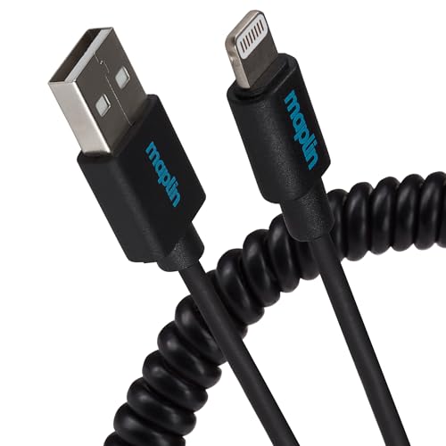 Maplin Lightning auf USB-A Spiralkabel, gelockt, ausziehbar auf 0,5 m, schwarz, kompatibel mit allen iPhones 14, 13, 12, 11, SE, iPad Air/Mini (2019), iPad (bis 2021), Airpods (mit Lightning-Hülle) von Maplin