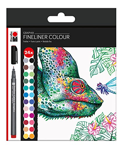 Marabu 0146000000104 - Fineliner Graphix, Set Hypnotize, 24 brillante Farben, Strichstärke ca. 0,5 mm, wasserbasierte Pigment-Tusche, metallgefasste Kunststoffspitze von Marabu