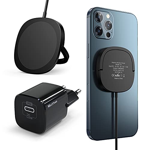 Magnetisch Wireless Charger, Marchpower 15W kabelloses Ladegerät(Inkl. 20w PD USB C Ladegerät) Schnell Aufladen Kompatibel mit iPhone 12Pro,12Pro Max,12Mini, AirPods Pro/2 - Schwarz von Marchpower