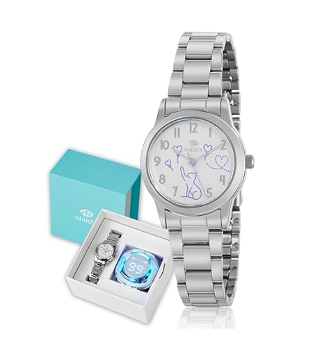 Viceroy B41401/2 Mädchen-Armbanduhr, 27 mm, japanisches Uhrwerk, Zifferblatt mit lila Katze, Armband aus Stahl, 3 ATM + Bluetooth-Kopfhörer, silber von Marea