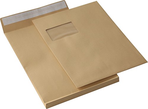 200 St. DIN C4 Faltenversandtaschen mit Fenster braun Stehboden und 20 mm Falte 130 gr. Kuvert 229x324x20 mm Haftklebend Briefumschläge HK Briefhüllen von Mari-Medienverpackungen