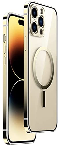 MarieLou Berlin | iPhone 14 I Plus I Pro I Max | Antigelb Edelstahlrahmen Metall Optik Hülle | Kompatibel für Apple Mag-Safe Zubehör | Hard Case (Gold, 14) von MarieLou