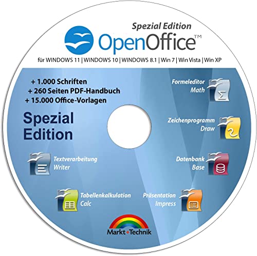 Open Office Spezial-Edition für Windows 11-10-8-7-Vista-XP | PC-Software mit 15.000 Vorlagen, 1.000 Schriften und PDF Handbuch | Dokumente, Kalkulationstabellen und Präsentationen erstellen von Markt + Technik