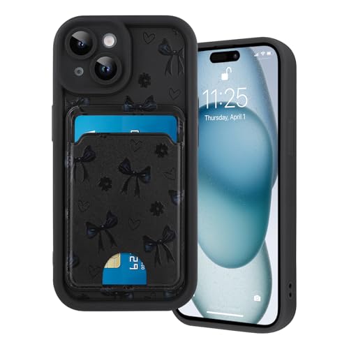 Marphe Kompatibel mit iPhone 15 Brieftaschen-Hülle, süßes Schleifen-Blumenmuster, weiche TPU-Hülle + harte Kartenfächer, Kameraschutz, Handyhülle, Schwarz von Marphe