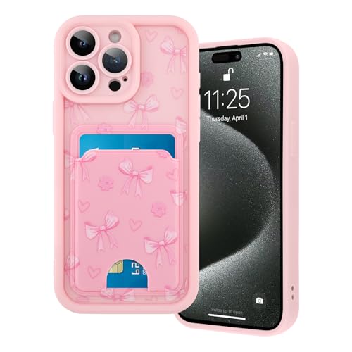Marphe Kompatibel mit iPhone 15 Pro Max Brieftaschen-Hülle, süßes Schleifen-Blumenmuster, weiche TPU-Hülle + harte Kartenfächer, Kameraschutz, Handyhülle, Rosa von Marphe