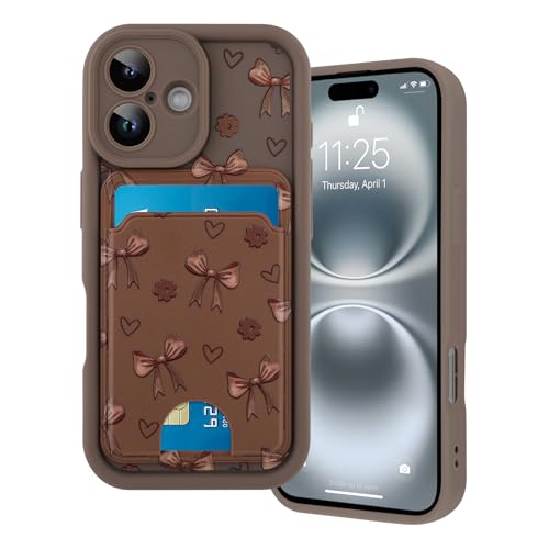 Marphe Kompatibel mit iPhone 16 Brieftaschen-Hülle, niedliches Schleifen-Blumenmuster, weiche TPU-Hülle + harte Kartenfächer, Kameraschutz, Handyhülle, Braun von Marphe