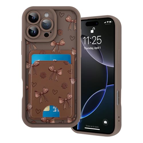 Marphe Kompatibel mit iPhone 16 Pro Max Brieftaschen-Hülle, niedliches Schleifen-Blumenmuster, weiche TPU-Hülle + harte Kartenfächer, Kameraschutz, Handyhülle, Braun von Marphe