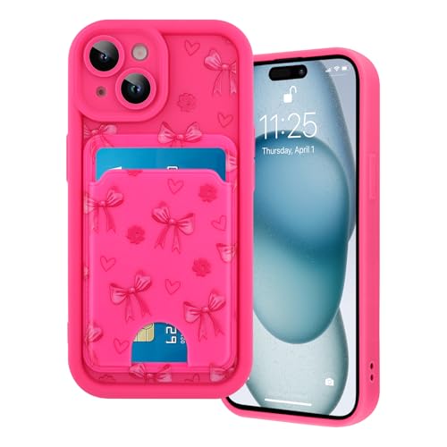 Marphe Schutzhülle für iPhone 15, süßes Schleifen- und Blumenmuster, weiche TPU-Hülle + harte Kartenfächer, Kameraschutz, Hot Pink Marphe Schutzhülle für iPhone 15, süßes Schleifen- und Blumenmuster, weiche TPU-Hülle + harte Kartenfächer, Kameraschutz, Hot Pink von Marphe