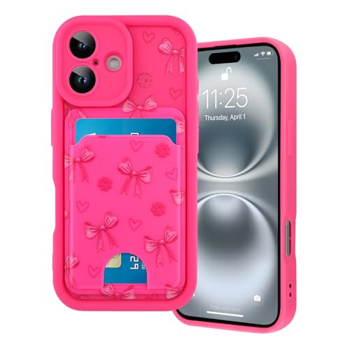 Marphe Schutzhülle für iPhone 16, süßes Schleifen- und Blumenmuster, weiche TPU-Hülle + harte Kartenfächer, Kameraschutz, Hot Pink von Marphe