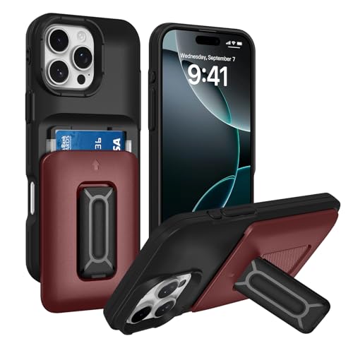 Marphe Schutzhülle für iPhone 16 Pro Max, eingebauter Kartenhalter (2 Karten) mit Ständer, Hybrid, robuster Kameraschutz, Ständer, Handyhülle, Schwarz / Rot von Marphe