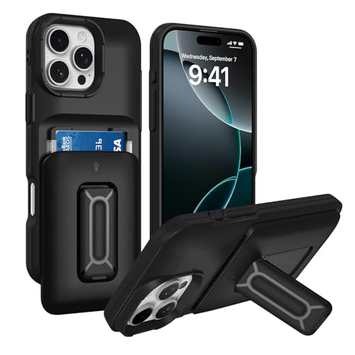 Marphe Schutzhülle für iPhone 16 Pro Max, eingebauter Kartenhalter (2 Karten) mit Ständer, Hybrid, robuster Kameraschutz, Ständer, Handyhülle, Schwarz von Marphe