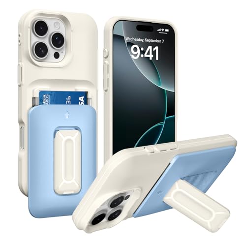 Marphe Schutzhülle für iPhone 16 Pro Max, eingebauter Kartenhalter (2 Karten) mit Ständer, Hybrid, robuster Kameraschutz, Ständer, Handyhülle, Weiß / Blau von Marphe