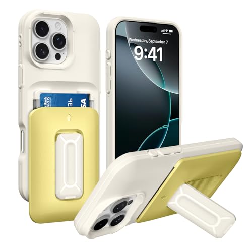 Marphe Schutzhülle für iPhone 16 Pro Max, eingebauter Kartenhalter (2 Karten) mit Ständer, Hybrid, robuster Kameraschutz, Ständer, Handyhülle, Weiß / Gelb von Marphe