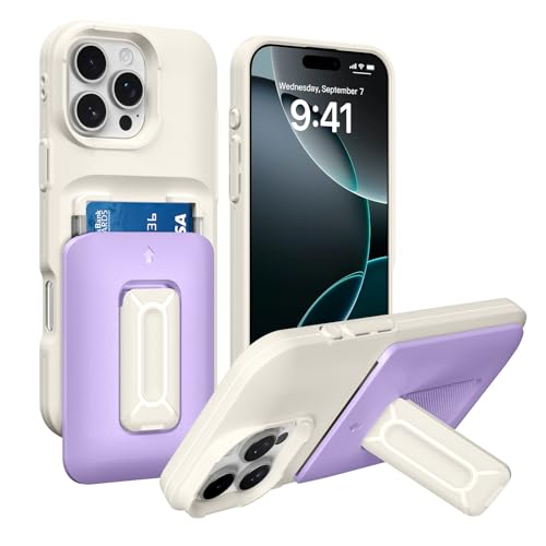 Marphe Schutzhülle für iPhone 16 Pro Max, eingebauter Kartenhalter (2 Karten) mit Ständer, Hybrid, robuster Kameraschutz, Ständer, Handyhülle, Weiß / Violett von Marphe