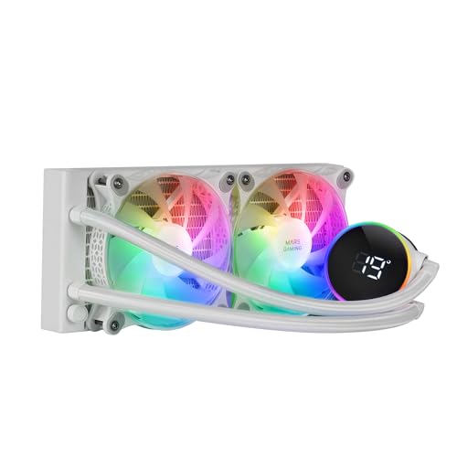 Mars Gaming ML-LCD240, Flüssigkeitsgekühlter AIO, TDP 500W, 2x ARGB 120mm FDB Lüfter, LCD Display mit Temperaturüberwachung, Opti-Chamber 3rd Gen Pumpe, Universal Multisocket, Weiß von Mars Gaming