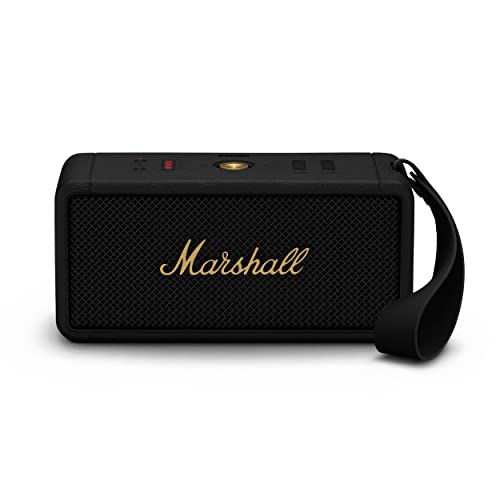 Marshall Middleton kabelloser tragbarer Bluetooth-Lautsprecher, über 20 Stunden tragbare Spielzeit, wasserfest IP67 – Schwarz und Messing von Marshall