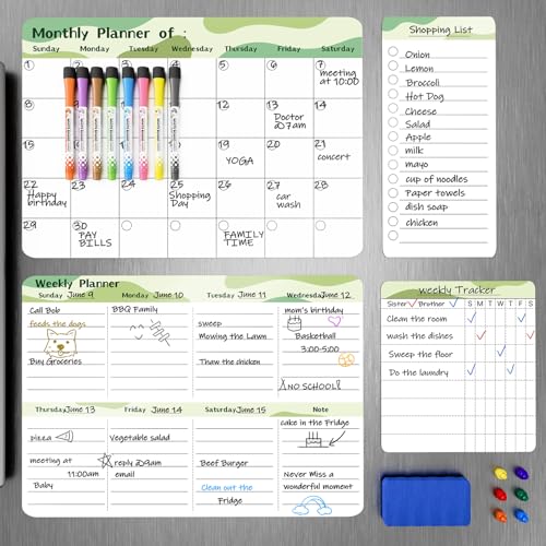 Marsrock Magnetischer Kalender für den Kühlschrank (4er-Pack) – Wochen- und Monatsplaner, Aufgaben- und Einkaufsliste, Whiteboard mit 8 Markern, 6 Magneten und 1 Schwamm für Küche und Zuhause, Grün von Marsrock