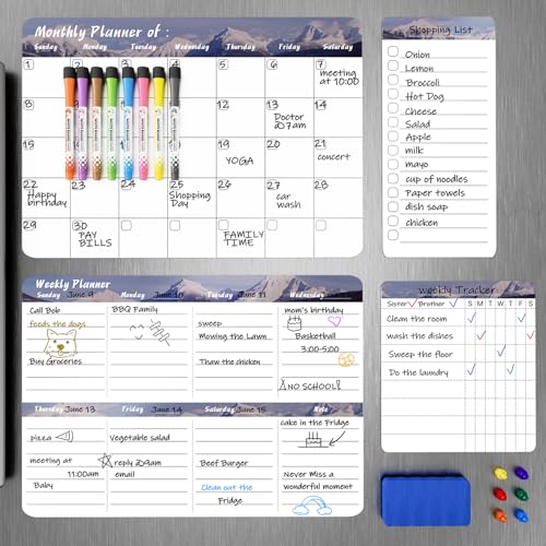 Marsrock Magnetischer Whiteboard Kalender für Kühlschrank (4er-Pack) Multifunktionaler Wochen/Monatsplaner mit Aufgabenliste&Einkaufszettel,Inkl.8Markern,6Magneten&Schwamm Für Küche und Zuhause,Grau von Marsrock
