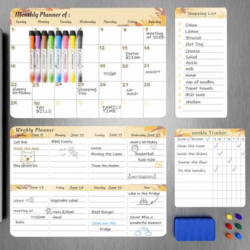 Marsrock Magnetischer Kalender für den Kühlschrank (4er-Pack) – Wochen- und Monatsplaner, Aufgaben- und Einkaufsliste, Whiteboard mit 8 Markern, 6 Magneten und 1 Schwamm für Küche und Zuhause,Gelb von Marsrock