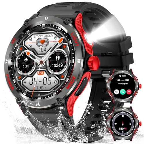 Marsyu Smartwatch Herren Militär mit Telefonfunktion mit LED Taschenlampe/Kompass, 500 mAh Lange Akkulaufzeit 1,53" Outdoor Sportuhr mit 24H Herzfrequenzmonitor 3ATM Wasserdicht Fitnessuhr (Rot) von Marsyu