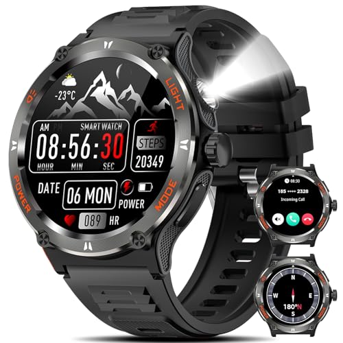 Marsyu Smartwatch Herren Militär mit Telefonfunktion mit LED Taschenlampe/Kompass, 500 mAh Lange Akkulaufzeit 1,53" Outdoor Sportuhr mit 24H Herzfrequenzmonitor 3ATM Wasserdicht Fitnessuhr (Schwarz) von Marsyu