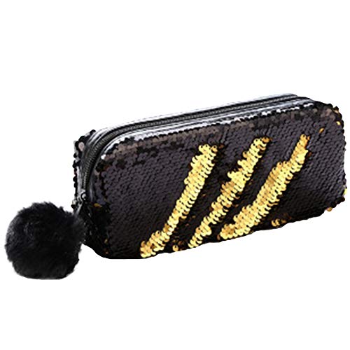 Martin Kench Farbe Pailletten Mäppchen Stiftetasche Federtasche Stiftemappe Make-up Tasche Schreibwaren Veranstalter für Schule & Büro/Mädchen und Frauen (Schwarz + Gold) von Martin Kench
