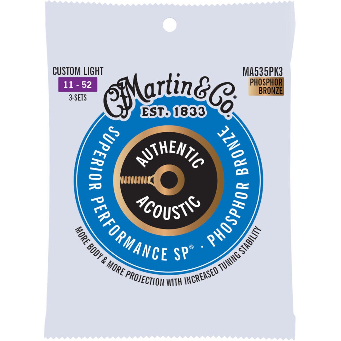 Martin Strings MA535PK3 Authentic Acoustic SP Phosphor Bronze 3-Pack Custom Light 11-52 Acoustic Guitar Strings von Martin Strings