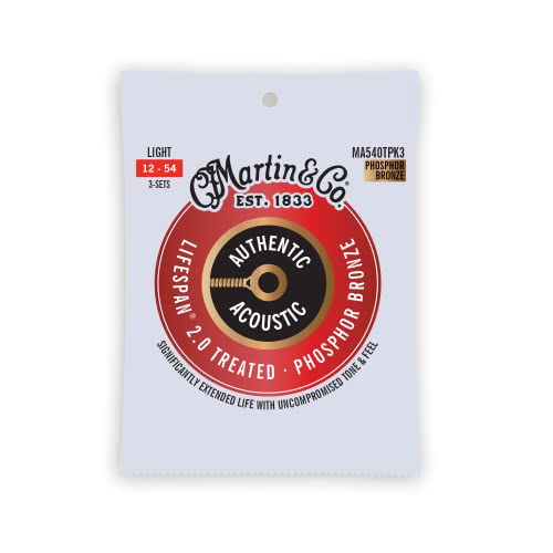 MARTIN 3er-Pack Akustikgitarrensaiten, Lifespan 2.0 Light 12-54, 98/2 Phosphor Bronze (MA540TPK3) von Martin