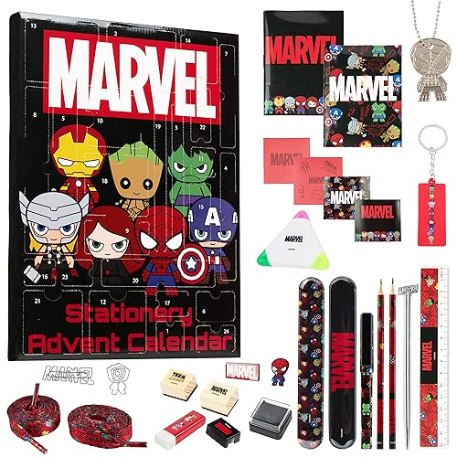 Marvel Adventskalender 2023 Spiderman Avengers Adventskalender Kinder Jungs mit Schulsachen Schlüsselanhänger Spielzeug (Marvel Schwarz) von Marvel