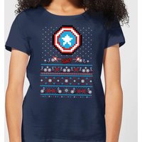 Marvel Avengers Captain America Pixel Art Damen Christmas T-Shirt - Navy Blau - L von Marvel
