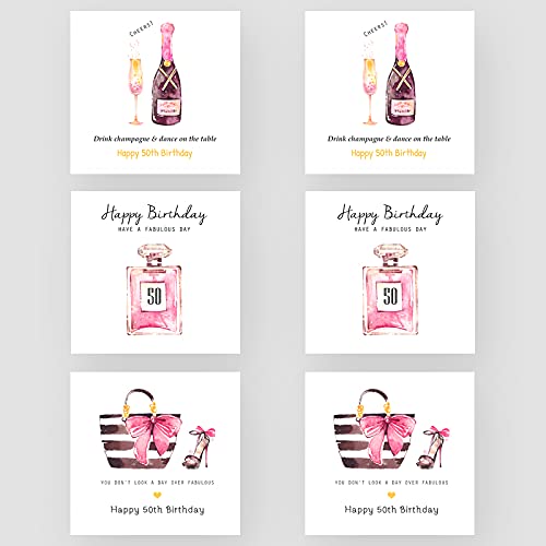 Marvello 50. Geburtstag Karten für Sie, Box Set (6 Karten) – hochwertige Umschläge enthalten – verschiedene Designs – innen blanko – für Sie, für Freunde von Marvello