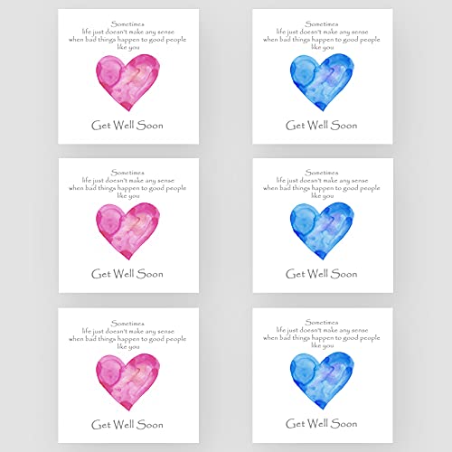 Marvello Blue and Pink Heart Get Well Soon Karten-Set (6 Karten) – Premium-Umschläge enthalten – verschiedene Farben – innen blanko – für Ihn/sie, Freunde, Familie von Marvello