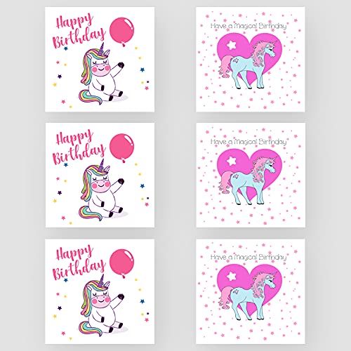 Marvello Einhorn-Geburtstagskarten-Set (6 Karten) – hochwertige Umschläge enthalten – verschiedene Designs – innen blanko – für Mädchen, sie, Tochter, Enkelin, Schwester, Schwester von Marvello