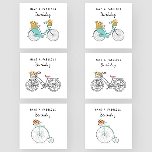 Marvello Geburtstagskarten-Set für Damen, Motiv: Fahrräder, 6 Stück, hochwertige Umschläge enthalten, verschiedene Designs, innen blanko, für Sie, Mutter, Schwester, Oma, Tante, Freund von Marvello