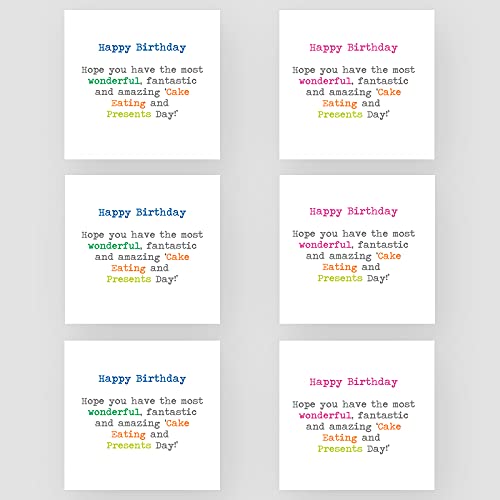 Marvello Geburtstagskuchen-Zitatkarten-Set (6 Karten) – Premium-Umschläge enthalten – verschiedene Farben – innen blanko, für ihn/sie, Familie, Freunde von Marvello