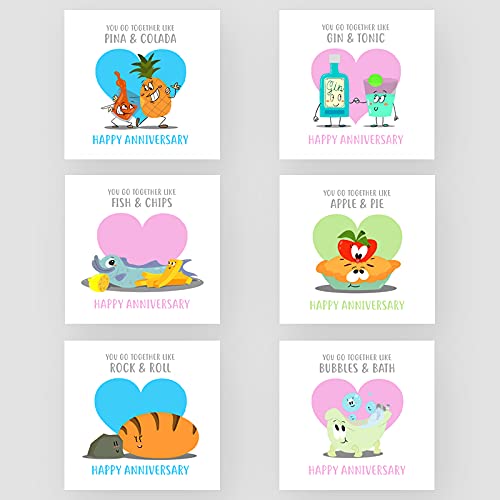 Marvello Lustiges Jubiläumskarten-Set (6 Karten) – Premium-Umschläge enthalten – verschiedene Designs – innen blanko – für Paare, Freunde und Familie von Marvello
