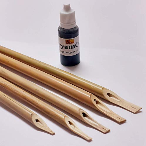 MaryamOvais 5 Bambus-Blätter Qalam / Stifte mit Tinte schwarz 10 ml für Kalligraphie Schreiben von MaryamOvais