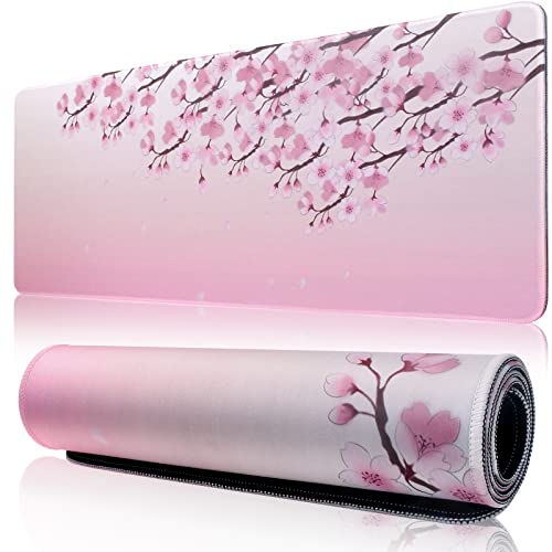 Großes Gaming-Mauspad mit genähtem Rand, rutschfeste Gummiunterseite, waschbar, belastbar, für Büro, Computer, Laptop, Schreibtisch, Tisch, Mauspads, Zubehör, 600 x 300 cm (rosa Blumen) (L) von MasiBloom
