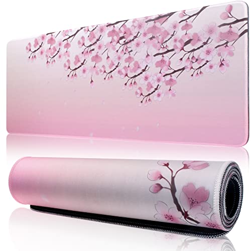 300 x 800 mm großes Gaming-Mauspad mit genähtem Rand, rutschfeste Gummiunterseite, waschbar, belastbar für Büro, Computer, Laptop, Tisch, Mauspads, Zubehör (rosa Blumen) von MasiBloom