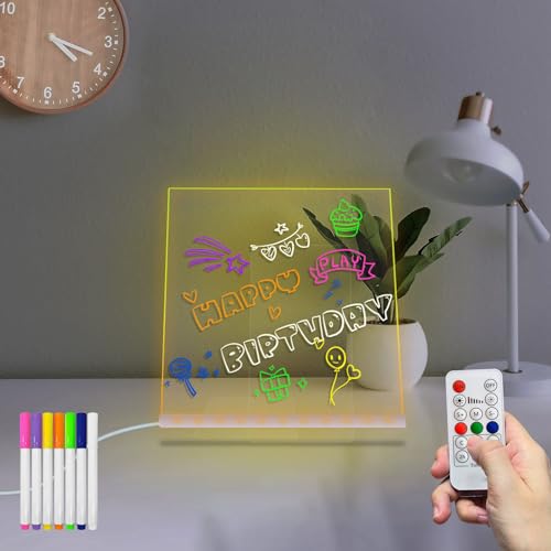 Masshomi Acryl Nachricht Schreibtafel Trockener Radiergummi LED 7 Farbwechsel Fernbedienung Dimmen Timer 7 Farbmarker Kind DIY Malerei LED Nachttischlampe Glow Board Nachttischlampe 7,8 * 7,8 Zoll von Masshomi