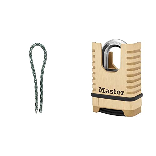 Master Lock 8017EURD + M1177EURDCC 150 cm Kette aus gehärtetem Stahl + Hochleistungsvorhängeschloss aus Massivmessing von Master Lock